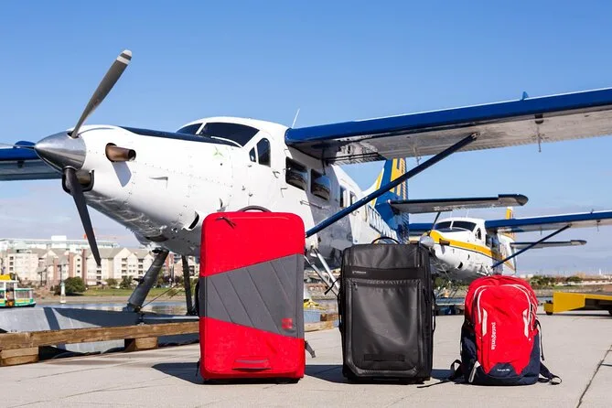 Zwei Koffer und ein Rucksack auf einem Steg vor geparkten Wasserflugzeugen