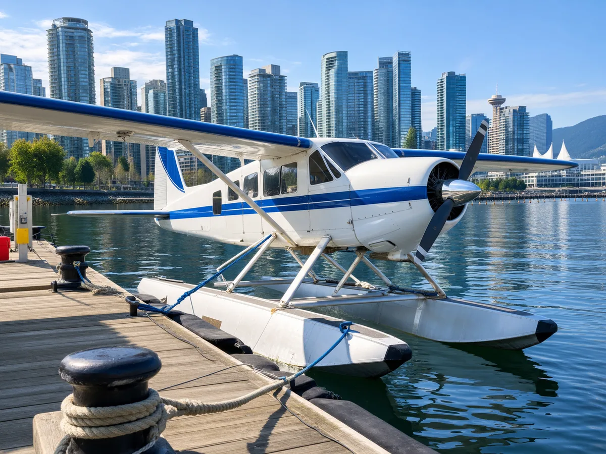 Ein weißes Wasserflugzeug an einem sonnigen Steg in der Innenstadt von Vancouver